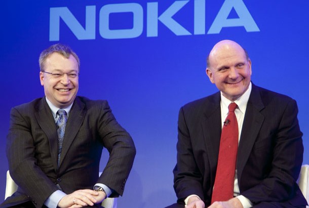 Nokia CEO Stephen Elop and Microsoft CEO Steve Ballmer announce plans for a broad strategic partnership to build a new global mobile ecosystem at a press conference in London, UK February 11, 2011. Nokia and Microsoft plan to form a broad strategic partne